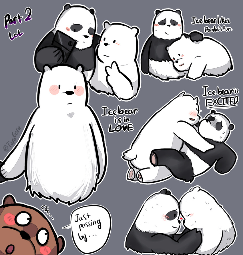 2017 bear blush cartoon_network cold_sweat digital_drawing_(artwork) digital_media_(artwork) english_text grizzly_(wbb) grizzly_bear hand_holding hug ice_bear lying mammal missionary_position on_back panda panda_(wbb) polar_bear selfie sex simple_background text toragoru touching_foreheads voyeur we_bare_bears