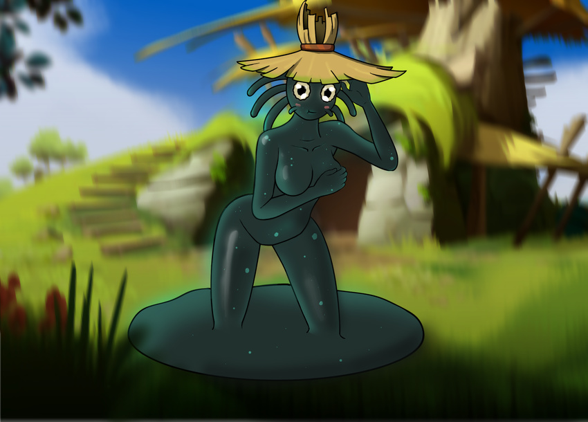 blush breasts clothing day featureless_breasts female hat looking_at_viewer nude outside puddlings sky slime smile solo standing straw_hat wakfu