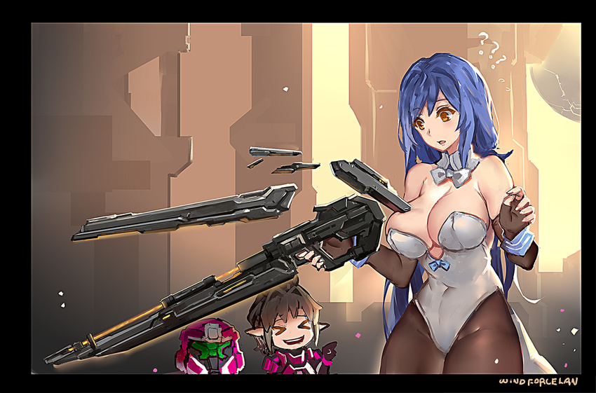 &gt;_&lt; :d ?? artist_name bangs bare_shoulders black_gloves black_legwear blue_hair breasts brown_eyes brown_hair cleavage closed_eyes covered_navel detached_sleeves elbow_gloves eyebrows_visible_through_hair fingerless_gloves girls_frontline gloves gun hair_intakes halo_(game) hands_up headwear_removed helmet helmet_removed holding holding_gun holding_weapon large_breasts laughing leotard long_hair multiple_girls open_mouth pantyhose parted_lips pointing power_armor signature smile spartan tar-21_(girls_frontline) teeth thighs trigger_discipline weapon white_leotard windforcelan windowboxed