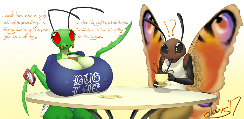 antennae arthropod beverage big_breasts breasts butterfly claws clothing coffee crumbs cup eating eliot_(character) female fur heros_(character) huge_breasts insect lesang mandibles mantis peacock_butterfly phone plate shiny shirt straw surprise table text