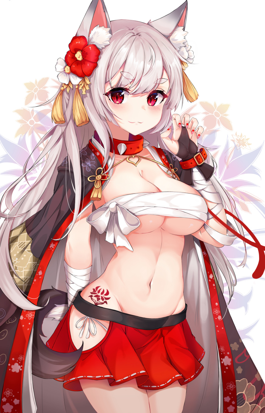 :3 absurdres animal_ear_fluff animal_ears azur_lane bandaged_arm bandages bangs black_coat blush breasts budget_sarashi claw_pose cleavage closed_mouth collar commentary_request cowboy_shot dog_ears dog_tail eyebrows_visible_through_hair floral_background flower groin hair_flower hair_ornament hand_up highres hip_vent jacket_on_shoulders lebring long_hair looking_at_viewer medium_breasts miniskirt nail_polish navel panties pleated_skirt red_eyes red_flower red_nails red_skirt sarashi side-tie_panties silver_hair skirt smile solo spiked_collar spikes standing stomach tail tassel tattoo thick_eyebrows underboob underwear white_flower white_panties yuudachi_(azur_lane)