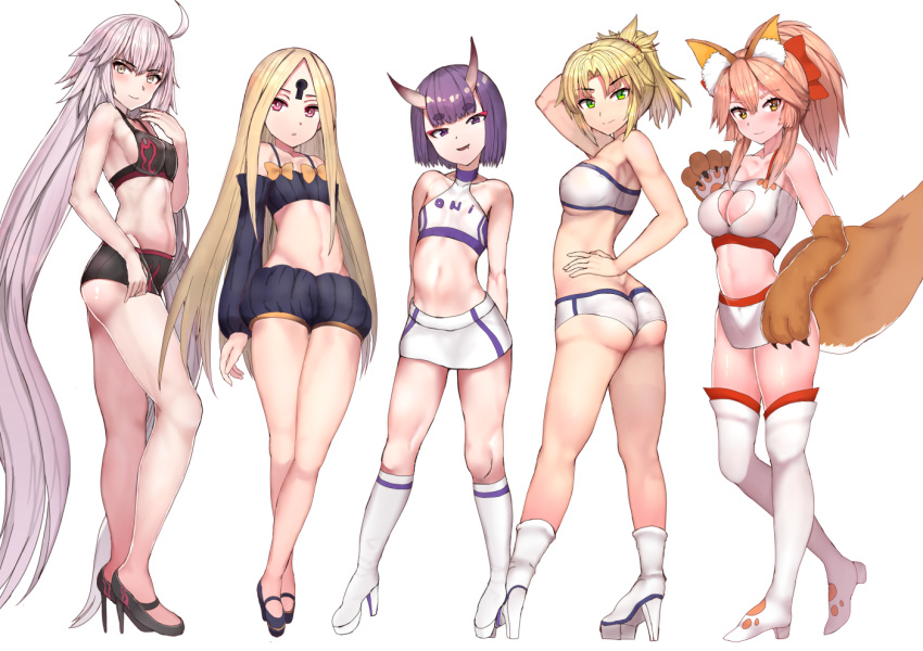 abigail_williams_(fate/grand_order) animal_ears ass bare_arms bare_shoulders blonde_hair boots breasts cleavage_cutout closed_mouth detached_sleeves eyebrows_visible_through_hair fang fate_(series) flat_chest fox_ears fox_tail full_body green_eyes high_heel_boots high_heels jeanne_d'arc_(alter)_(fate) jeanne_d'arc_(alter)_(fate) lavender_hair legs long_hair looking_at_viewer medium_breasts midriff miniskirt mordred_(fate)_(all) multiple_girls navel oni_horns paws pink_hair ponytail purple_eyes purple_hair race_queen red_eyes short_hair short_shorts shorts shuten_douji_(fate/grand_order) sikijou77o simple_background skirt sleeveless small_breasts smile standing strapless tail tamamo_(fate)_(all) tamamo_no_mae_(fate) thigh_boots thighhighs very_long_hair white_background yellow_eyes