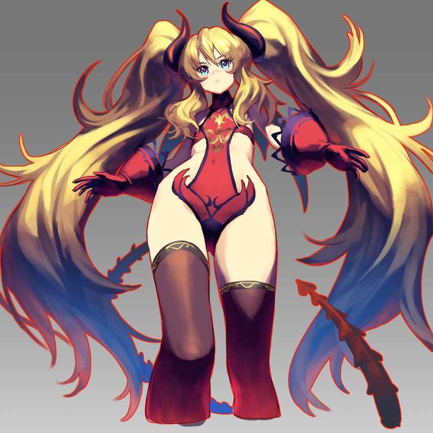 blonde_hair blue_eyes commentary_request cozy demon_girl demon_horns demon_tail feet_out_of_frame flat_chest foreshortening from_below gloves grey_background highres horns long_hair looking_at_viewer looking_down original outline parted_lips red_gloves red_outline red_pupils simple_background solo tail thighhighs twintails very_long_hair