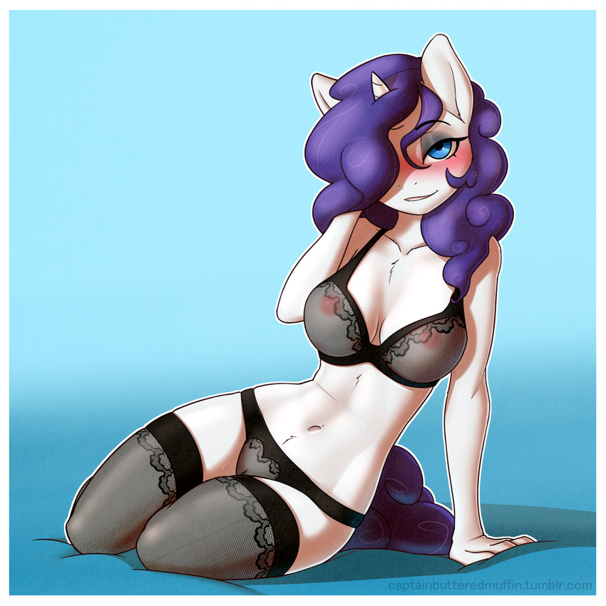 2017 absurd_res anthro anthrofied big_breasts blue_eyes blush border bra breasts captainpudgemuffin cleavage clothed clothing equine eyebrows eyelashes eyeshadow female friendship_is_magic hair hair_over_eye hi_res horn legwear lingerie long_hair looking_at_viewer makeup mammal my_little_pony pussy rarity_(mlp) solo thigh_highs translucent transparent_clothing underwear unicorn white_border