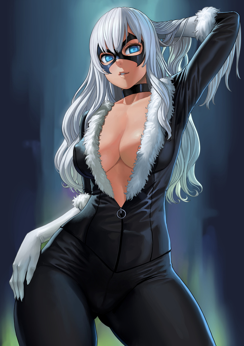 absurdres arm_up black_bodysuit black_cat_(marvel) black_choker blue_eyes bodysuit breasts choker cleavage collarbone contrapposto covered_nipples cowboy_shot domino_mask elbow_gloves felicia_hardy fur_trim gloves hand_in_hair hand_on_hip highres large_breasts lasterk light_smile long_hair looking_at_viewer marvel mask open_clothes paid_reward parted_lips partially_unzipped patreon_reward silver_hair solo spider-man_(series) standing white_gloves zipper