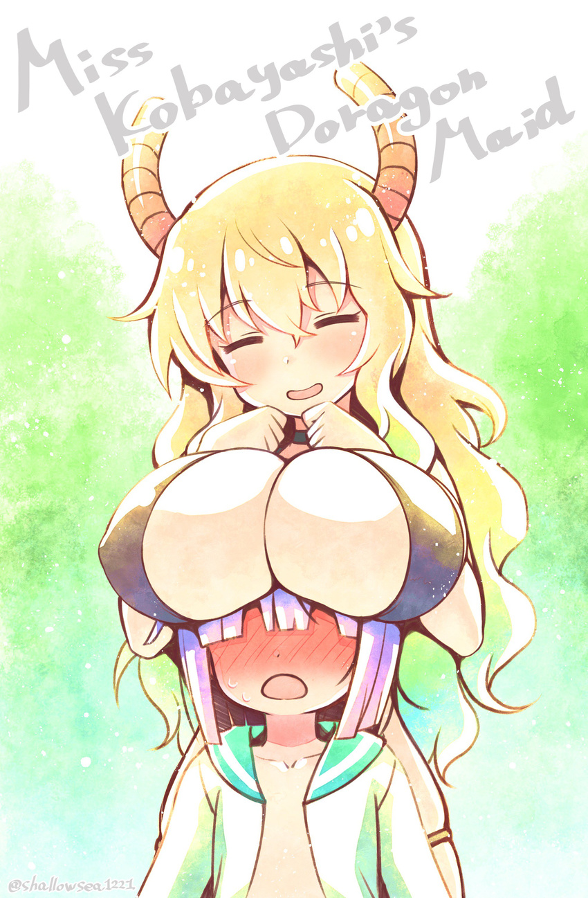 1girl ^_^ absurdres age_difference asami_asami bangs blonde_hair blush breast_rest breasts cleavage closed_eyes collarbone commentary_request dragon_horns engrish faceless faceless_male full-face_blush gradient_hair green_hair hair_between_eyes height_difference highres horns kobayashi-san_chi_no_maidragon large_breasts magatsuchi_shouta multicolored_hair open_clothes open_shirt parted_lips purple_hair quetzalcoatl_(maidragon) ranguage shirt smile wavy_hair