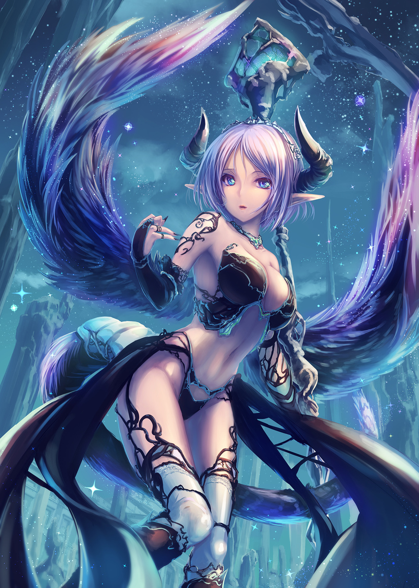 bikini_armor cleavage horns pointy_ears tail tenmaso thighhighs weapon wings