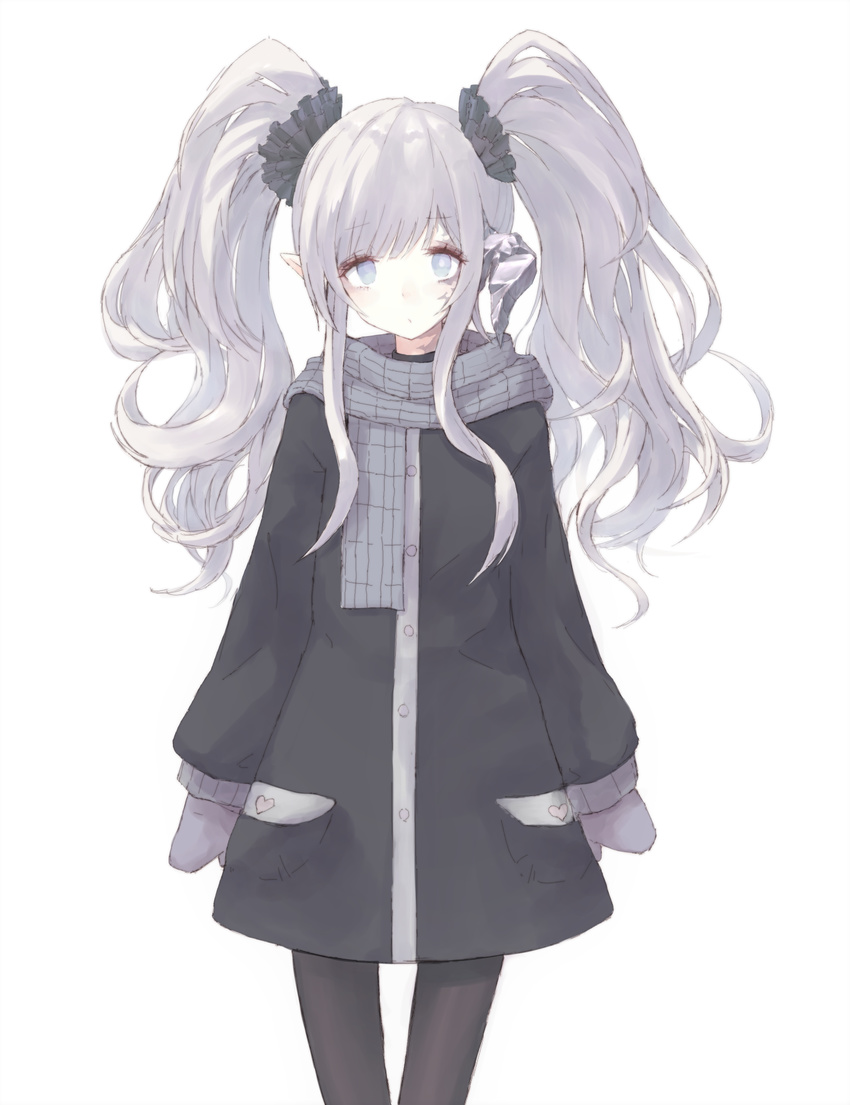 black_legwear blue_eyes buran_(kure) elf highres horn long_hair looking_at_viewer mittens original pantyhose pointy_ears scarf silver_hair simple_background solo standing twintails