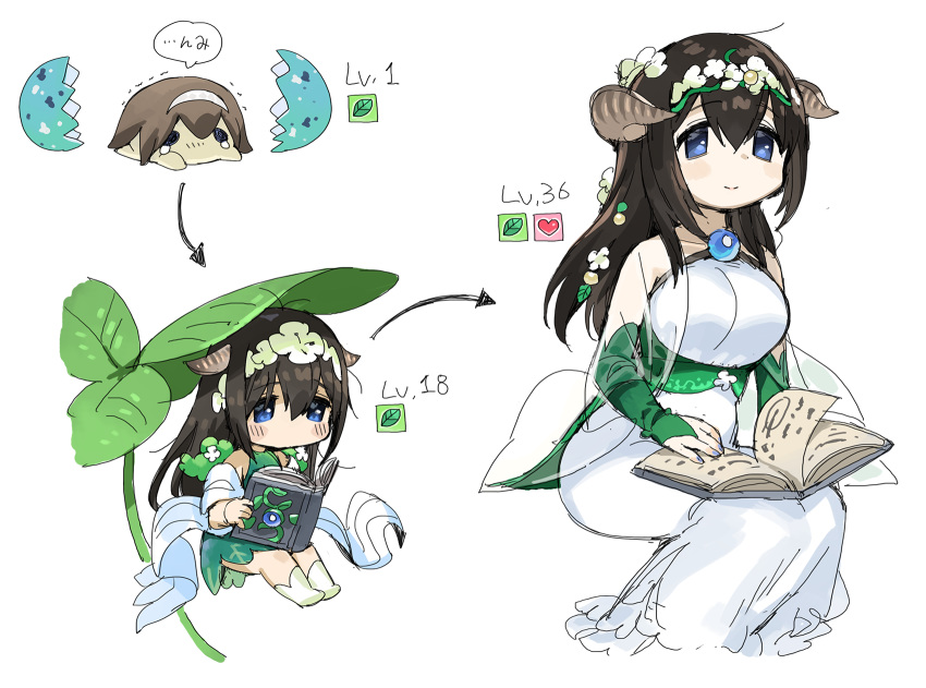 1girl black_hair blue_eyes blue_nails book breasts bridal_gauntlets brown_hair dress egg evolution gloves green_dress green_gloves hair_between_eyes hairband hatching highres horns idolmaster idolmaster_cinderella_girls large_breasts leaf_umbrella level_up long_dress multiple_views nail_polish reading sagisawa_fumika see-through shawl simple_background sitting sleeveless spawnfoxy speech_bubble white_background white_dress