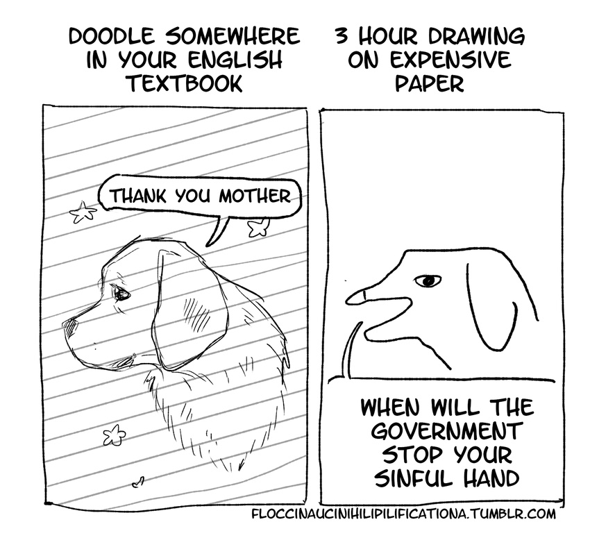 2015 ambiguous_gender black_and_white canine comparison dialogue dog english_text feral floccinaucinihilipilification fur hi_res humor mammal monochrome paper side_view simple_background speech_bubble text the_truth white_background