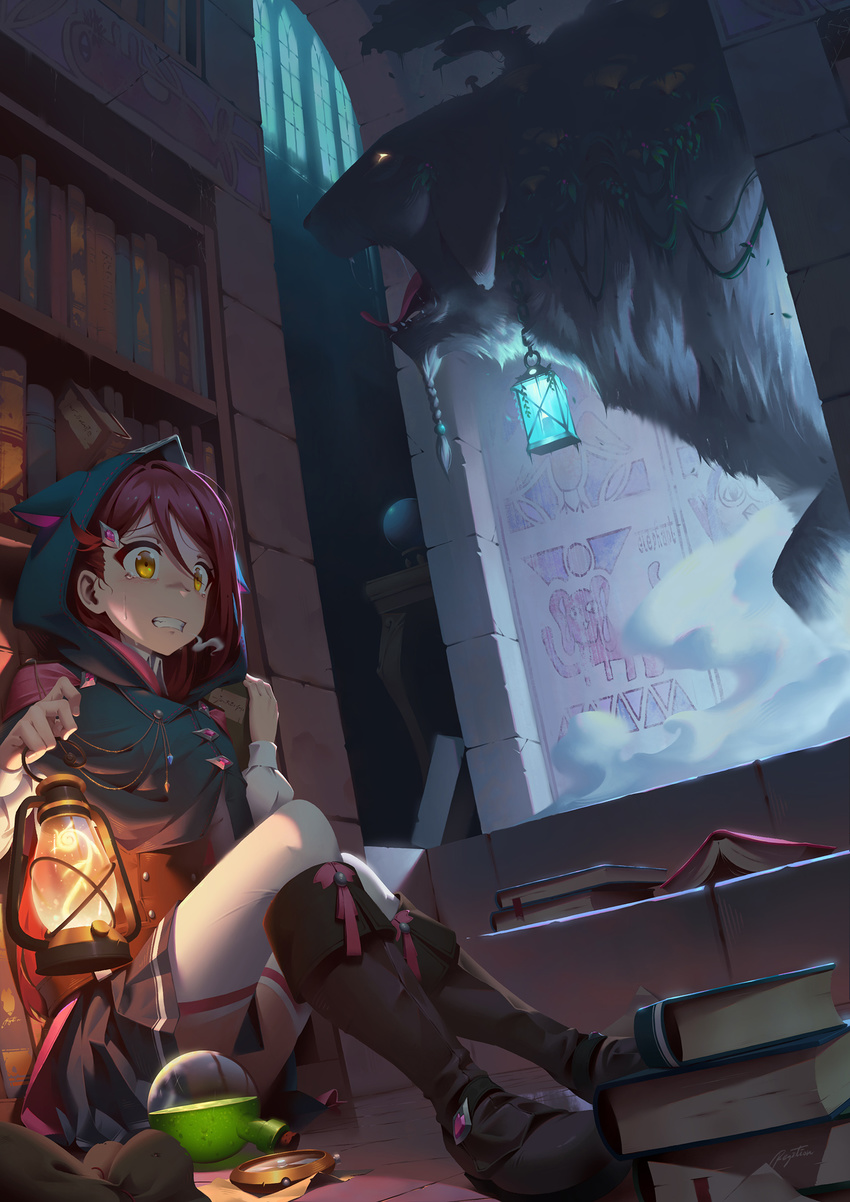 aida_rikako black_skirt book book_stack bookshelf boots bottle braided_beard breath brown_footwear chain clenched_teeth compass corset crying crying_with_eyes_open crystal_ball dog drawing fangs glowing glowing_eye hair_ornament hair_strand highres hood indoors knee_boots knees_up lantern legs_together long_hair long_sleeves love_live! love_live!_sunshine!! miniskirt monster on_floor peril plant pleated_skirt potion red_hair regition round-bottom_flask sack sakurauchi_riko saliva saliva_trail scared seiyuu_connection shiitake_(love_live!_sunshine!!) signature sitting skirt smoke table tears teeth thighhighs tongue tongue_out vines white_legwear window yellow_eyes