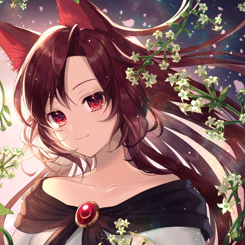 ahoge animal_ears bare_shoulders breasts brooch brown_hair closed_mouth collarbone commentary_request dress eyebrows_visible_through_hair floating_hair head_tilt highres imaizumi_kagerou jewelry long_hair long_sleeves looking_at_viewer medium_breasts momoshiki_tsubaki petals plant red_eyes shirt smile solo strapless strapless_dress touhou upper_body wind wolf_ears