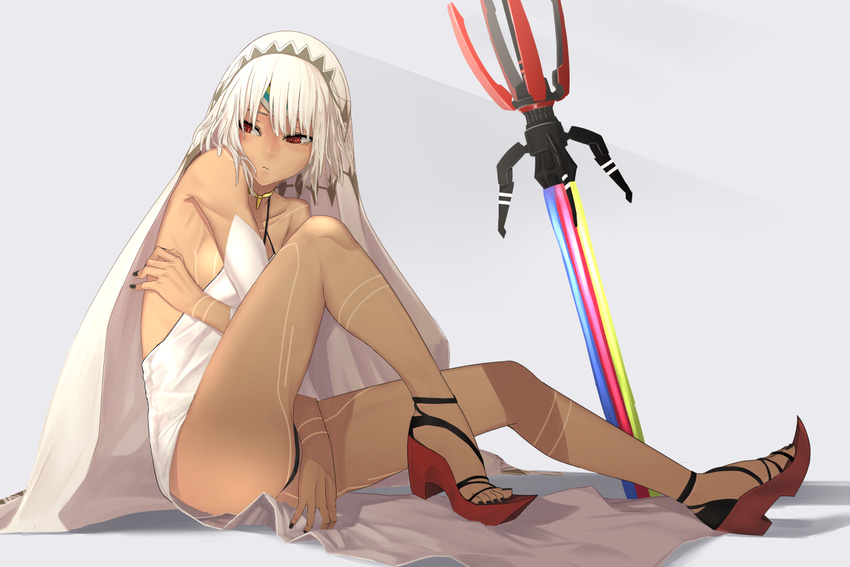 altera_(fate) ass bare_shoulders black_nails breasts detached_sleeves fate/grand_order fate_(series) high_heels i-pan legs nail_polish photon_ray red_eyes sandals short_hair sideboob sitting small_breasts solo sword tattoo veil weapon wedge_heels white_hair