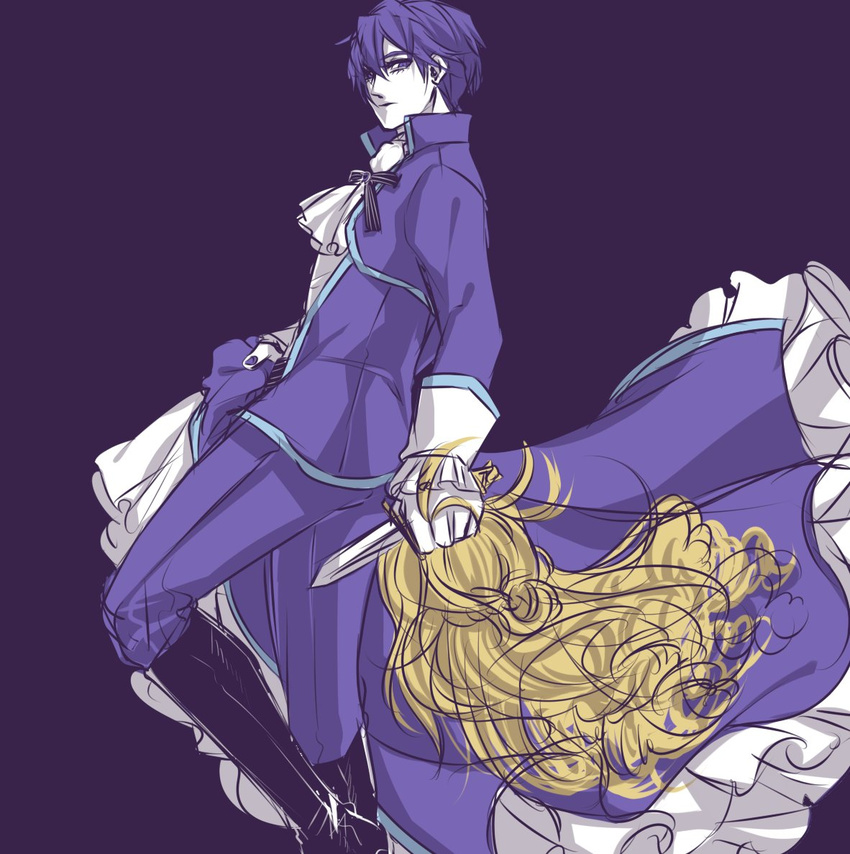 blue_eyes blue_hair blue_suit boots cravat dagger dress dress_removed evillious_nendaiki frilled_dress frills holding holding_dagger holding_dress holding_weapon kaito karchess_crim knee_boots knife limited_palette looking_back nagori_(voyage) ruffled_sleeves sketch venomania_kou_no_kyouki_(vocaloid) vocaloid weapon wig