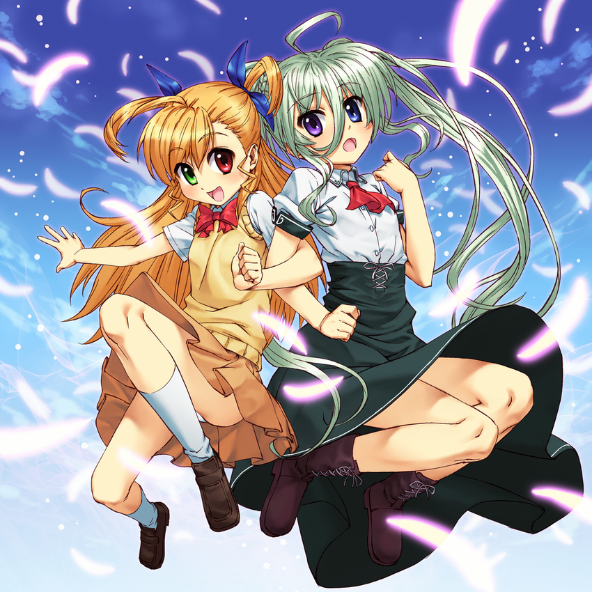 :d :o ahoge bangs blue_eyes blue_sky blush boots bow brown_skirt clenched_hand commentary_request cozy day einhart_stratos eyebrows_visible_through_hair feathers glowing_feather green_eyes hair_between_eyes hair_bow heterochromia highres huge_ahoge jumping locked_arms long_hair long_skirt looking_at_viewer lyrical_nanoha mahou_shoujo_lyrical_nanoha_vivid multiple_girls open_mouth panties pantyshot pantyshot_(jumping) purple_eyes red_eyes red_ribbon ribbon school_uniform shirt shoes short_sleeves skirt skirt_lift sky smile socks st._hilde_academy_of_magic_uniform underwear very_long_hair vivio white_legwear white_panties white_shirt