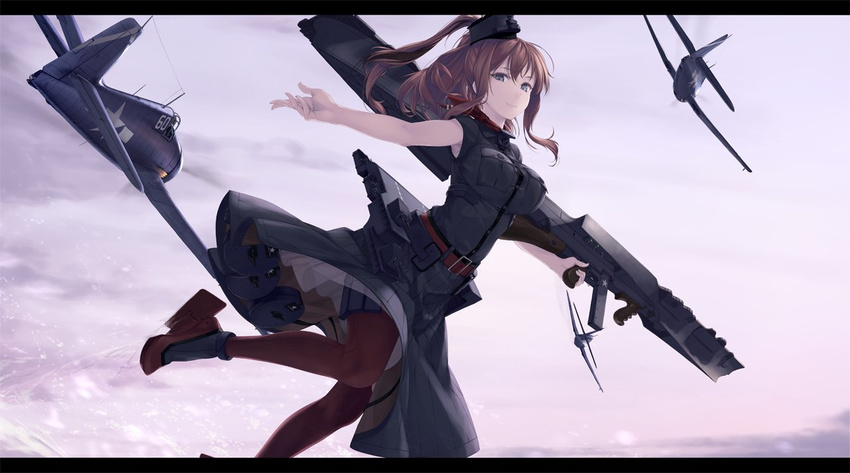 aircraft airplane black_border black_dress blue_eyes border breast_pocket breasts brown_hair brown_legwear dress f6f_hellcat gun kantai_collection large_breasts long_hair pocket ponytail rokuwata_tomoe saratoga_(kantai_collection) sleeveless smile solo thighhighs weapon