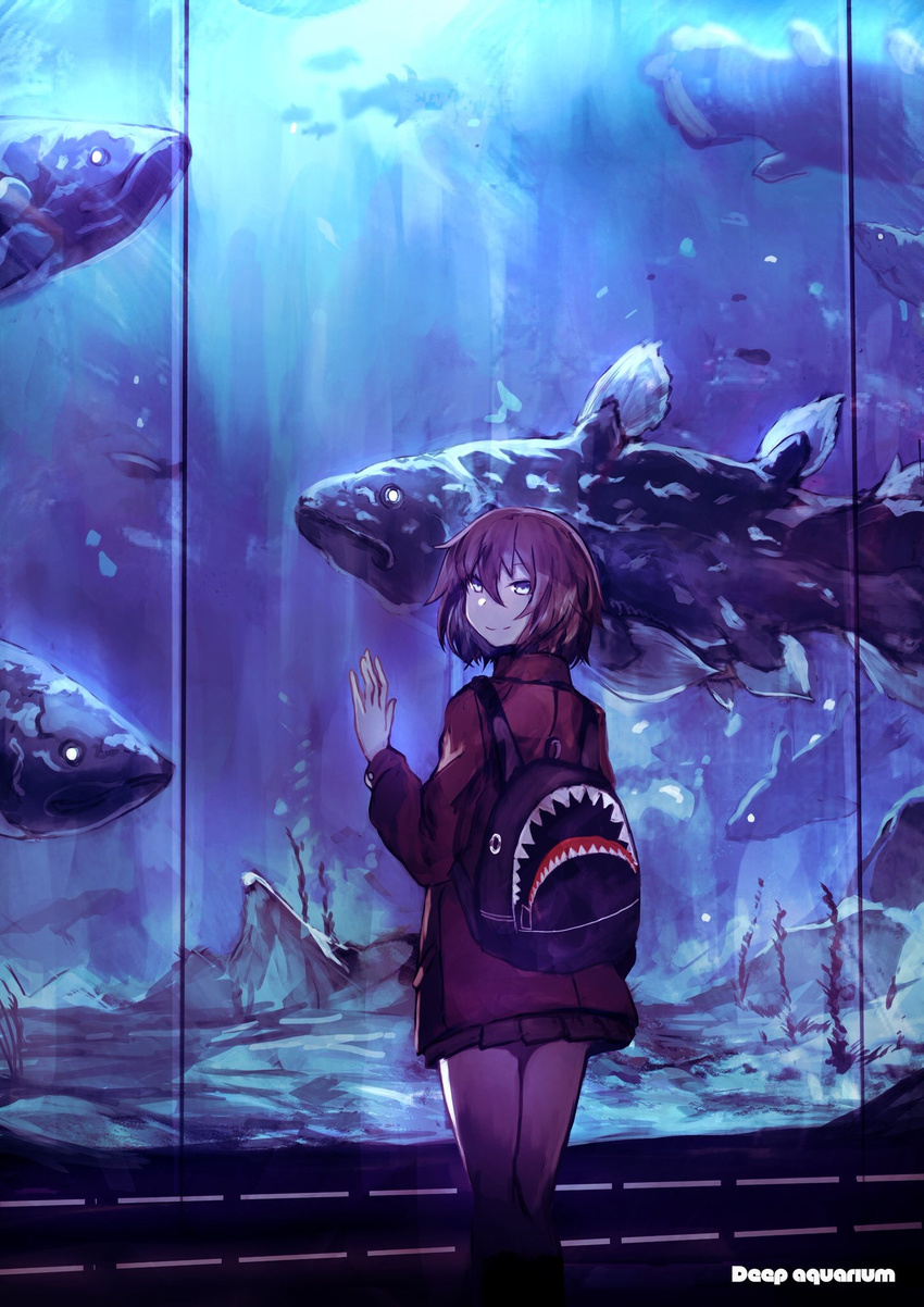 against_glass aquarium backpack bag coelacanth fish glass highres jacket looking_at_viewer looking_back original pleated_skirt red_hair sanshouuo short_hair skirt smile solo teeth themed_object water