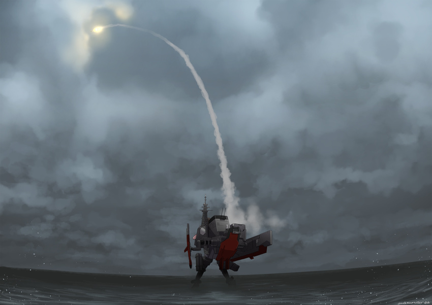 cloud cloudy_sky commentary_request day destroyer firing highres jack_hamster mecha_musume military military_vehicle missile ocean original personification ship sky solo warship watercraft