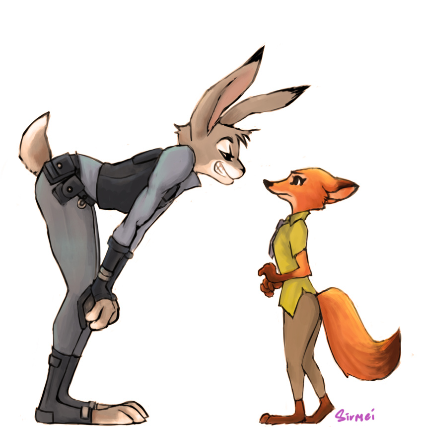 2016 anthro barefoot bent_over canine clothed clothing crossgender digital_media_(artwork) dipstick_tail disney duo female fox fully_clothed fur gloves_(marking) grey_fur grin happy hi_res humor judy_hopps lagomorph larger_male male mammal markings multicolored_fur multicolored_tail necktie nervous nick_wilde orange_fur pants police_uniform rabbit role_reversal shirt side_view simple_background sirmei size_difference smaller_female smile smug socks_(marking) uniform white_background zootopia