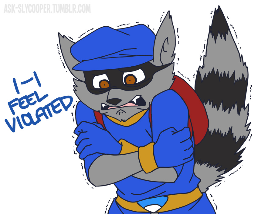 anthro ask-slycooper_(artist) black_nose brown_eyes dialogue english_text fur grey_fur hat male mammal raccoon reaction_image shaking shivering sly_cooper sly_cooper_(series) solo text video_games