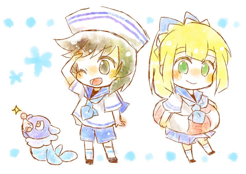 1boy 1girl black_hair blonde_hair chibi lillie_(pokemon) male_protagonist_(pokemon_sm) pokemon pokemon_(creature) pokemon_(game) pokemon_sm popplio sailor_uniform tagme you_(pokemon_sm)