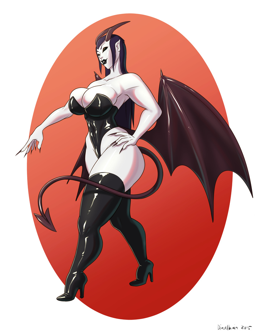 2015 5_fingers absurd_res bare_shoulders big_breasts black_hair boots breasts cleavage clothed clothing demon dieselbrain digital_media_(artwork) eyes_closed female footwear hair hand_on_hip hi_res high_heels horn leotard lips long_fingernails long_hair membranous_wings not_furry pale_skin pointing pointy_ears shiny shoes skimpy smile solo spade_tail succubus thigh_boots voluptuous white_skin wide_hips wings