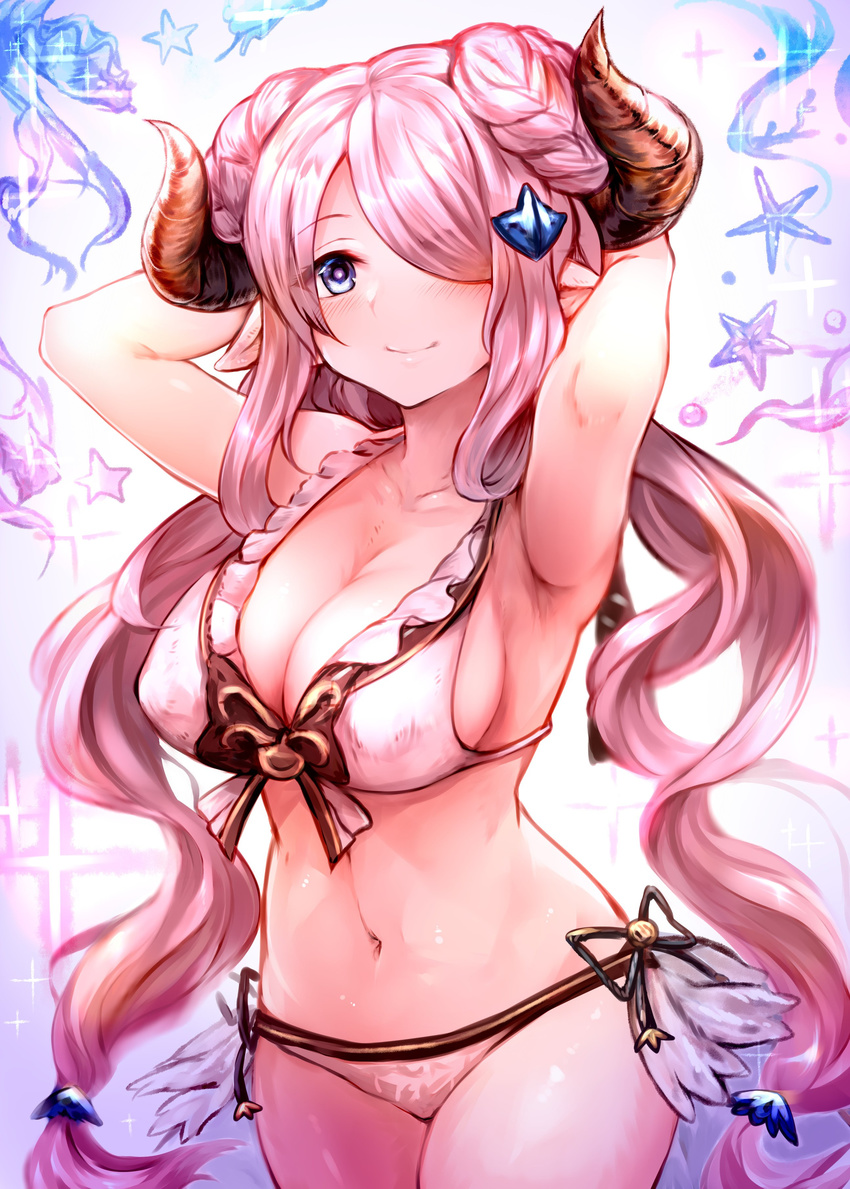 absurdres armpits arms_behind_head arms_up bikini blue_eyes blush breasts clam cleavage commentary_request double_bun draph frilled_bikini_top frills granblue_fantasy hair_ornament hair_over_one_eye hairclip highres hips horns large_breasts long_hair narmaya_(granblue_fantasy) navel pink_hair pointy_ears side-tie_bottom sidelocks smile solo sparkle starfish sukemyon swimsuit thighs very_long_hair white_bikini