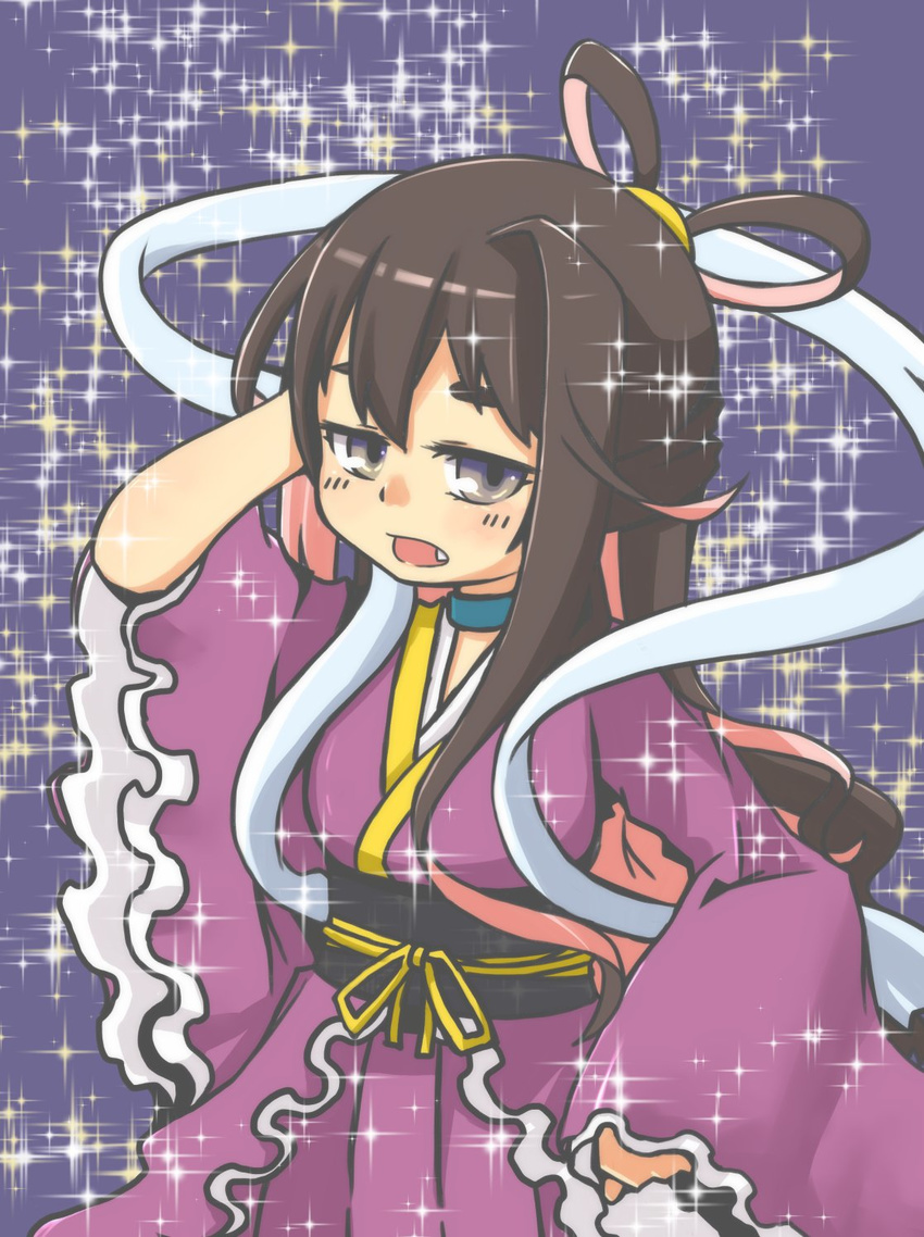 alternate_costume alternate_hairstyle blue_background blue_eyes brown_hair choker commentary_request cosplay fang frilled_kimono frills gradient_eyes hagoromo hair_rings hand_on_hip highres japanese_clothes kantai_collection kimono long_hair looking_at_viewer macbail multicolored multicolored_eyes multicolored_hair naganami_(kantai_collection) obi orihime orihime_(cosplay) pink_hair sash shawl solo sparkle sparkle_background two-tone_hair