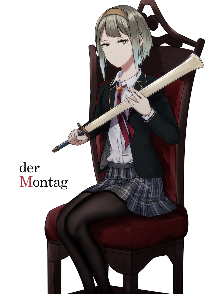 bangs black_legwear blazer chair closed_mouth collared_shirt commentary_request german grey_eyes grey_hair grey_skirt hairband highres holding holding_sword holding_weapon jacket legs_together looking_at_viewer mole mole_under_eye open_blazer open_clothes open_jacket original pantyhose plaid plaid_skirt pleated_skirt saitou_(lynx-shrike) school_uniform shirt short_hair sidelocks simple_background sitting skirt solo sword translated uniform weapon white_background white_shirt