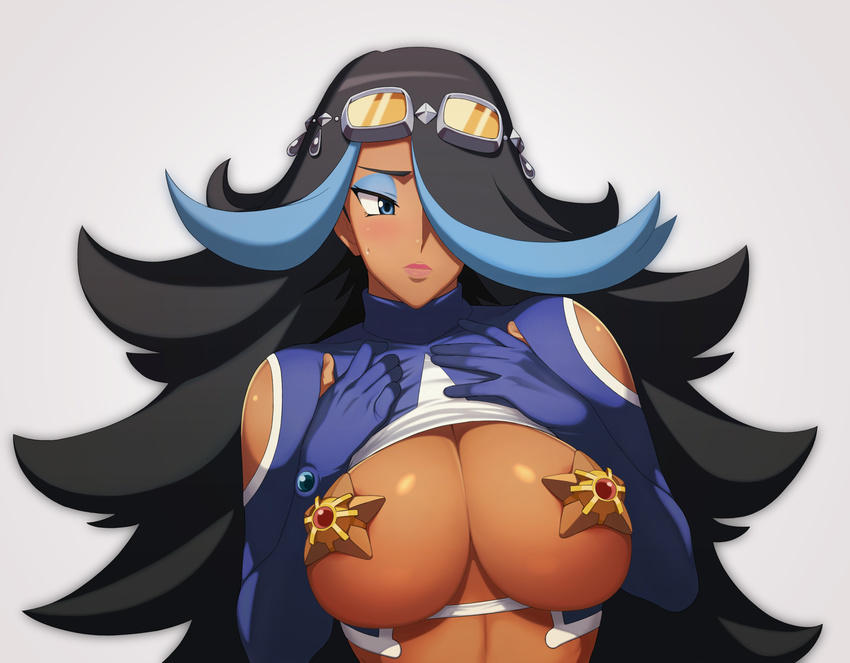 areola_slip areolae bajima_shouhei black_hair blue_hair blush breast_suppress breasts breasts_outside commentary_request dark_skin eyeshadow gen_1_pokemon goggles goggles_on_head grey_background hair_over_one_eye highres izumi_(pokemon) large_breasts lips long_hair looking_away makeup multicolored_hair pasties pokemon pokemon_(game) pokemon_oras shiny shiny_hair shiny_skin shoulder_cutout simple_background solo staryu sweatdrop team_aqua two-tone_hair upper_body