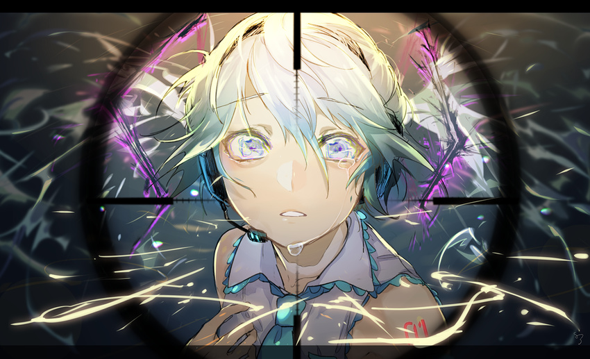 blue_eyes collared_shirt commentary crying crying_with_eyes_open energy eyebrows_visible_through_hair floating_hair green_hair hair_between_eyes hand_up hassan_(sink916) hatsune_miku headset hibana_(vocaloid) letterboxed long_hair looking_at_viewer necktie parted_lips reticule shirt sleeveless sleeveless_shirt solo streaming_tears tattoo tears twintails upper_body vocaloid wing_collar