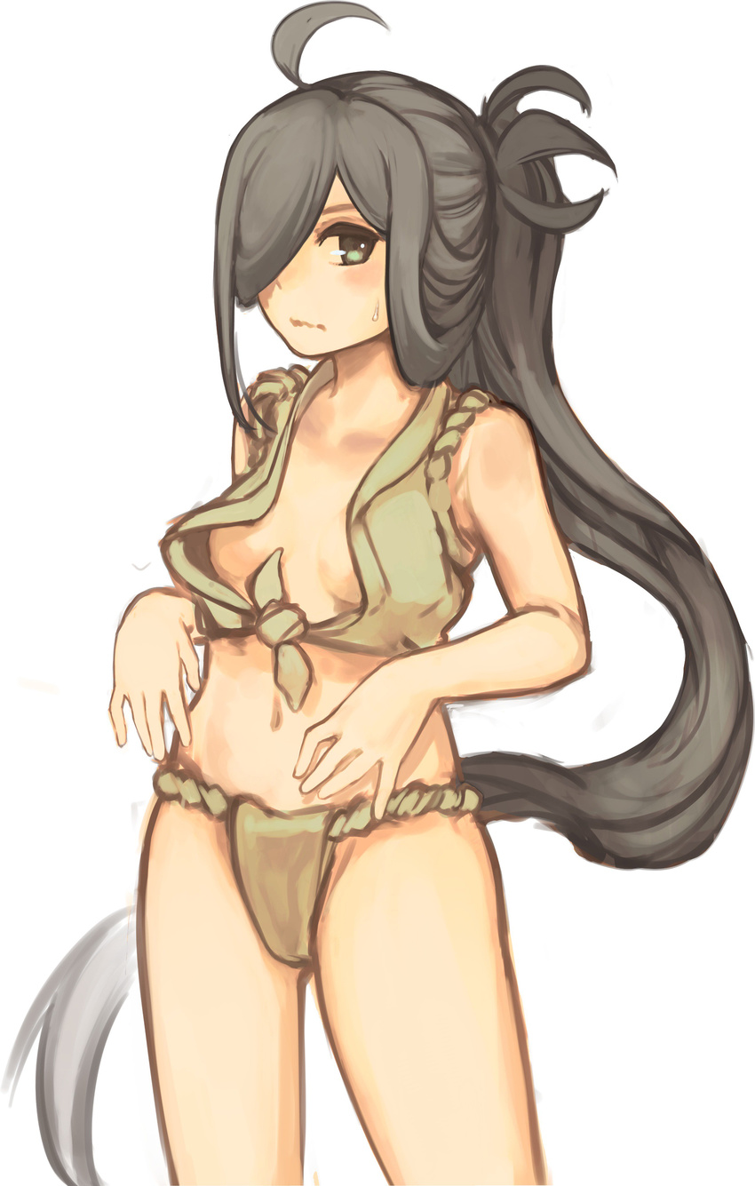 absurdres alternate_costume alternate_hair_color asashimo_(kantai_collection) black_hair blush breasts cleavage collarbone commentary_request fundoshi green_eyes hair_over_one_eye hatomugi_seika highres japanese_clothes kantai_collection long_hair looking_at_viewer navel open_clothes open_shirt ponytail shirt sidelocks simple_background small_breasts solo sweatdrop tasuki tied_shirt very_long_hair white_background yamakasa