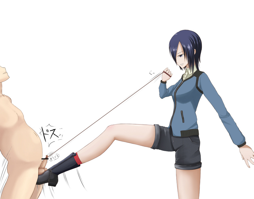 10s 1boy 1girl angry_face bdsm black_boots black_hair black_ribbon black_shorts black_skirt blue_jacket boots censor_bar censored clothed_female_nude_male crotch_kick femdom groin_kick hair_over_one_eye hetero jacket kicking kirishima_touka miniskirt pain penis pleated_skirt short_hair shorts skirt tamakeri testicles tokyo_ghoul torture