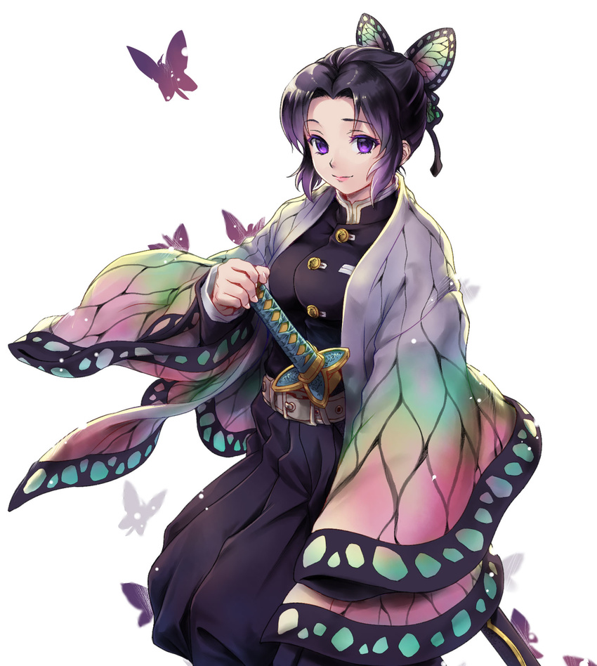 belt black_hair breasts bug butterfly butterfly_hair_ornament closed_mouth commentary_request cowboy_shot empty_eyes hair_ornament hakama haori highres insect japanese_clothes katana kimetsu_no_yaiba kochou_shinobu long_sleeves looking_at_viewer medium_breasts military military_uniform purple_eyes short_hair smile solo sword toshi uniform weapon wide_sleeves