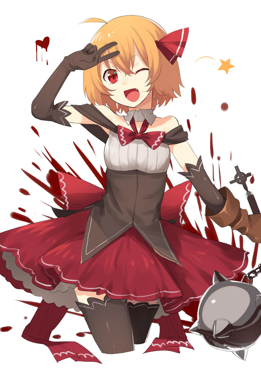 ;d ahoge alternate_costume bangs black_gloves black_legwear blonde_hair blood bow brown_gloves commentary_request cowboy_shot cropped_legs detached_collar elbow_gloves eyebrows_visible_through_hair fang flail gloves hair_ribbon hand_up heart highres holding holding_weapon looking_at_viewer magical_girl morning_star one_eye_closed open_mouth red_bow red_eyes red_skirt ribbon rumia sh_(562835932) short_hair simple_background skirt sleeveless smile solo star thighhighs touhou underbust v weapon white_background zettai_ryouiki