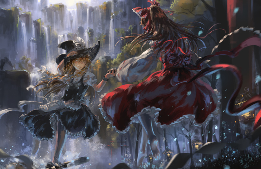apron barefoot battle blonde_hair bow braid broom broom_surfing clenched_teeth detached_sleeves duel flying forest from_behind gohei hair_blowing hair_bow hakurei_reimu hand_on_headwear hand_up hat hat_ribbon highres kirisame_marisa long_hair looking_at_another mini-hakkero mixed_media motion_blur multiple_girls nature outdoors ponytail ribbon single_braid skirt skirt_set sneer song_ren stone_lantern teeth touhou traditional_media waist_apron watercolor_pencil_(medium) witch_hat wrist_cuffs yellow_eyes
