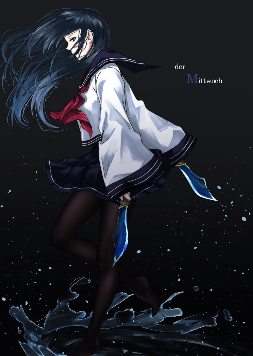 black_legwear blouse blue_eyes blue_hair commentary_request dual_wielding floating_hair from_side german highres holding knee_up long_hair long_sleeves looking_at_viewer no_shoes original pantyhose profile ripples saitou_(lynx-shrike) school_uniform serafuku solo standing standing_on_one_leg translated uniform water_surface white_blouse wide_sleeves