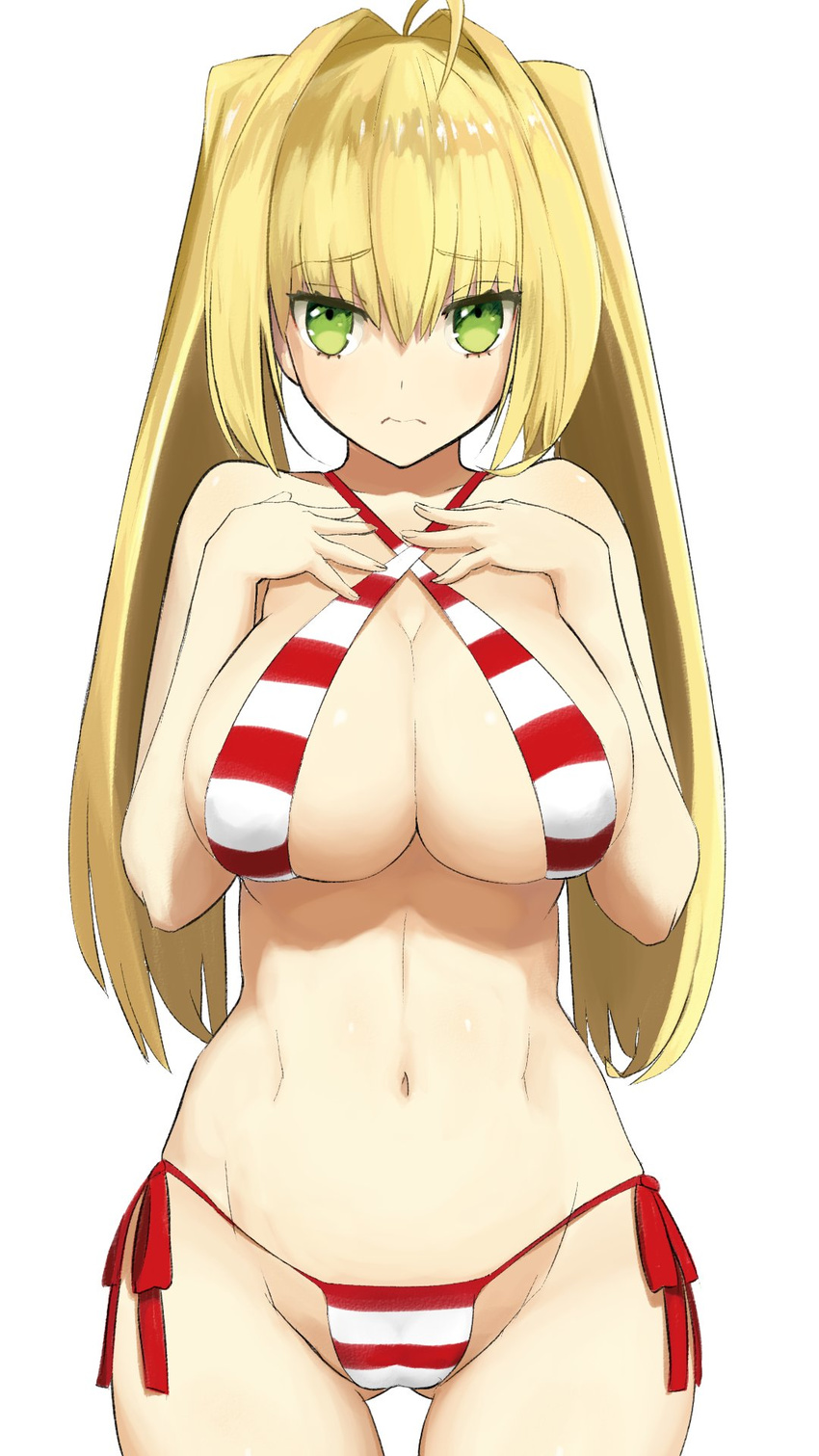 3: ahoge alternate_hairstyle bangs bikini blonde_hair blush breast_suppress breasts cleavage closed_mouth criss-cross_halter dh_ead eyebrows_visible_through_hair fate/grand_order fate_(series) frown green_eyes groin hair_between_eyes hair_intakes halterneck hands_on_own_chest highres hips large_breasts long_hair looking_at_viewer navel nero_claudius_(fate)_(all) nero_claudius_(swimsuit_caster)_(fate) red_bikini side-tie_bikini sidelocks simple_background solo striped striped_bikini swimsuit thighs tsurime twintails white_background