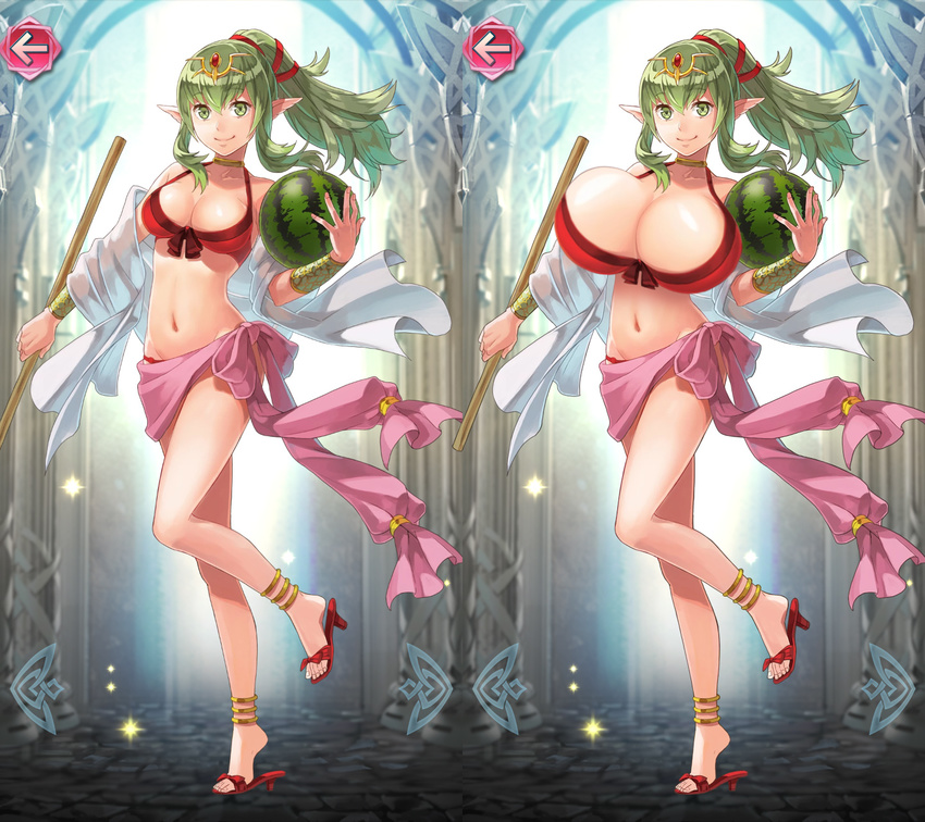 breast_expansion breasts chiki chiki_(fire_emblem) edit fire_emblem fire_emblem:_kakusei fire_emblem_heroes green_hair huge_breasts large_breasts melon pointy_ears tagme watermelon