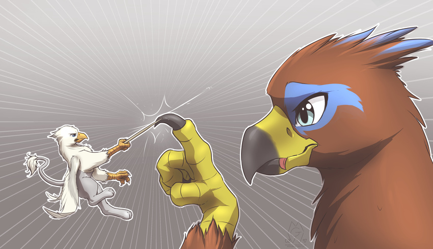 ambiguous_gender avian beak blue_eyes brown_fur claws duo feathered_wings feathers feral fur gryphon holding_object mykegreywolf simple_background white_feathers white_fur wings yellow_beak