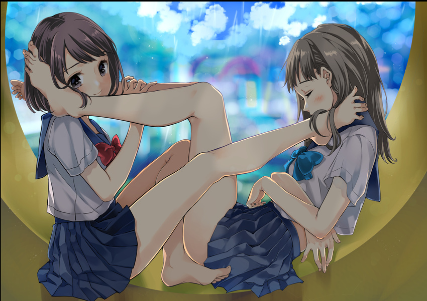 bare_legs barefoot black_eyes blush brown_hair closed_eyes feet foot_on_face from_side highres legs light_smile long_hair matsuzaki_miyuki multiple_girls original pleated_skirt rain school_uniform serafuku short_hair sitting skirt smile toes window