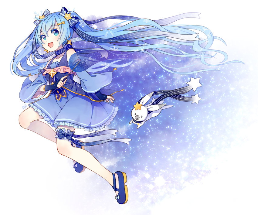 a_(pixiv4754565) blue_dress blue_eyes blue_hair bunny dress fingerless_gloves floating_hair from_side full_body gloves hatsune_miku long_hair open_mouth star_night_snow_(vocaloid) twintails very_long_hair vocaloid wand yuki_miku yukine_(vocaloid)