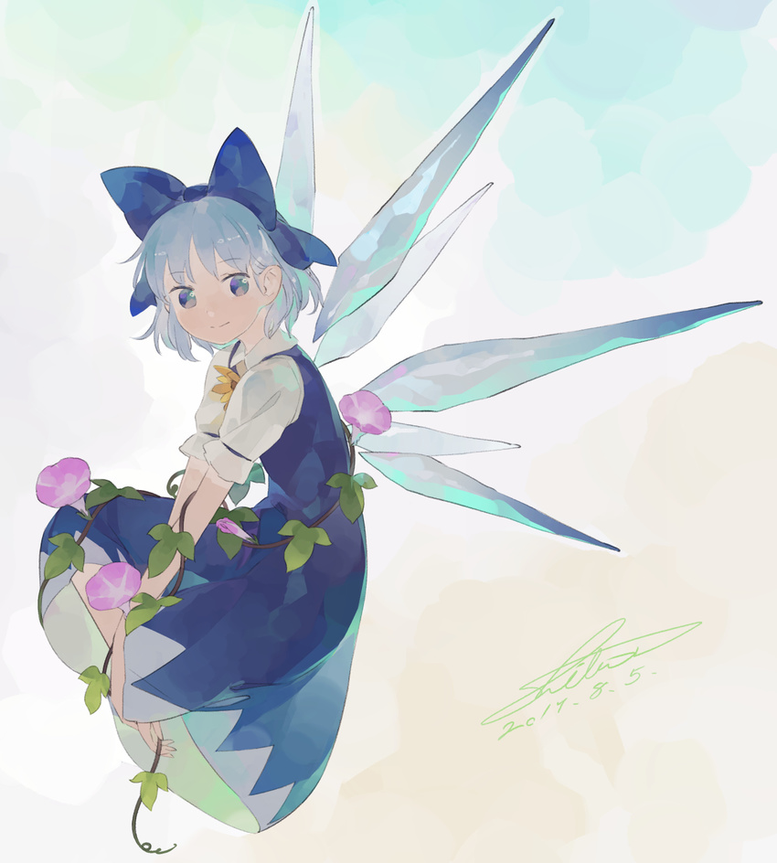 blue_dress blue_eyes blue_hair blue_wings cirno dated dress flower hair_ribbon highres ice ice_wings ipomoea looking_at_viewer morning_glory ribbon shihou_(g-o-s) short_hair signature smile solo sunflower touhou wings