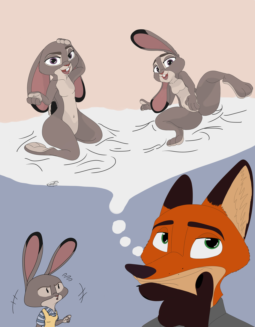 anthro canine clothed clothing disney female fox hi_res i_ship_it_real_hard judy_hopps kneeling lagomorph mammal nick_wilde nude pose presenting rabbit smile solid_color zootopia