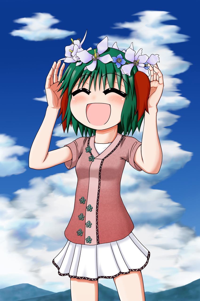 :d ^_^ absurdres closed_eyes commentary flower green_hair head_wreath highres kasodani_kyouko miniskirt mountain open_mouth rakugaki-biyori skirt smile solo summer touhou