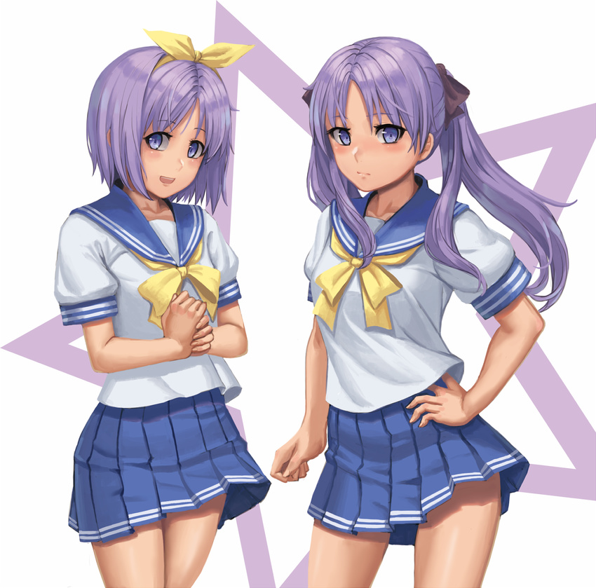 blue_skirt bow hair_ribbon hairband hand_on_hip hands_together highres hiiragi_kagami hiiragi_tsukasa long_hair looking_at_viewer lucky_star multiple_girls pleated_skirt purple_eyes purple_hair ranma_(kamenrideroz) ribbon ryouou_school_uniform school_uniform serafuku short_hair siblings sisters skirt tareme tsurime twins twintails wind yellow_hairband yellow_neckwear