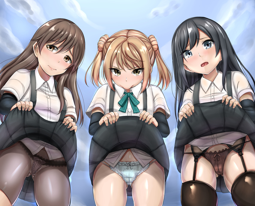 3girls arashio_(kantai_collection) asashio_(kantai_collection) black_legwear black_panties black_pantyhose black_skirt blue_sky blush bow bow_panties brown_eyes brown_hair closed_mouth cloud cowboy_shot day female garter_straps gluteal_fold kantai_collection lifted_by_self long_hair looking_at_viewer michishio_(kantai_collection) multiple_girls open_mouth outdoors panties_under_pantyhose pantyhose rihitozoire shiny shiny_hair shiny_skin short_sleeves skirt skirt_lift sky standing suspenders thighhighs twintails