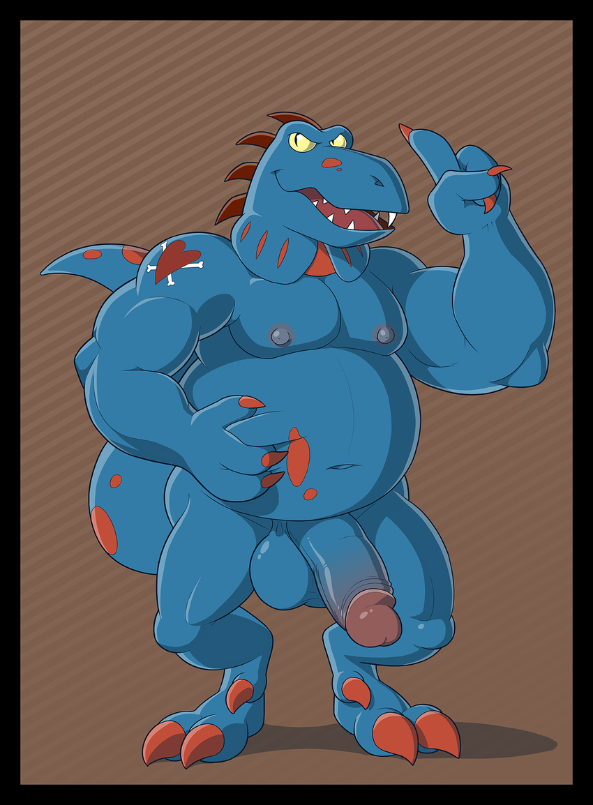 anthro anti_dev balls biceps big_penis biped black_border blue_balls blue_skin border claws dinosaur half-erect hi_res humanoid_penis kung_fu_dino_posse male musclegut muscular muscular_male nipples nude overweight penis reptile scalie simple_background skrap_(kfdp) solo standing thick_penis toe_claws