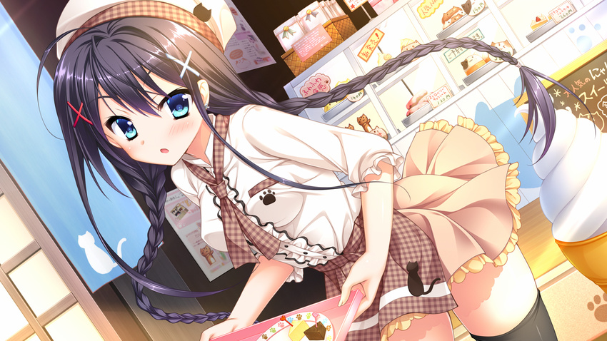 :o ahoge apron bakery black_hair black_legwear blue_eyes blush cake checkered checkered_apron checkered_neckwear dutch_angle floral_flowlove food frilled_shirt frilled_skirt frilled_sleeves frills game_cg hair_ornament hat leaning_forward long_hair looking_at_viewer necktie paw_print shirt shop skirt solo thighhighs tokisaka_nanao toranosuke tray very_long_hair waist_apron waitress x_hair_ornament