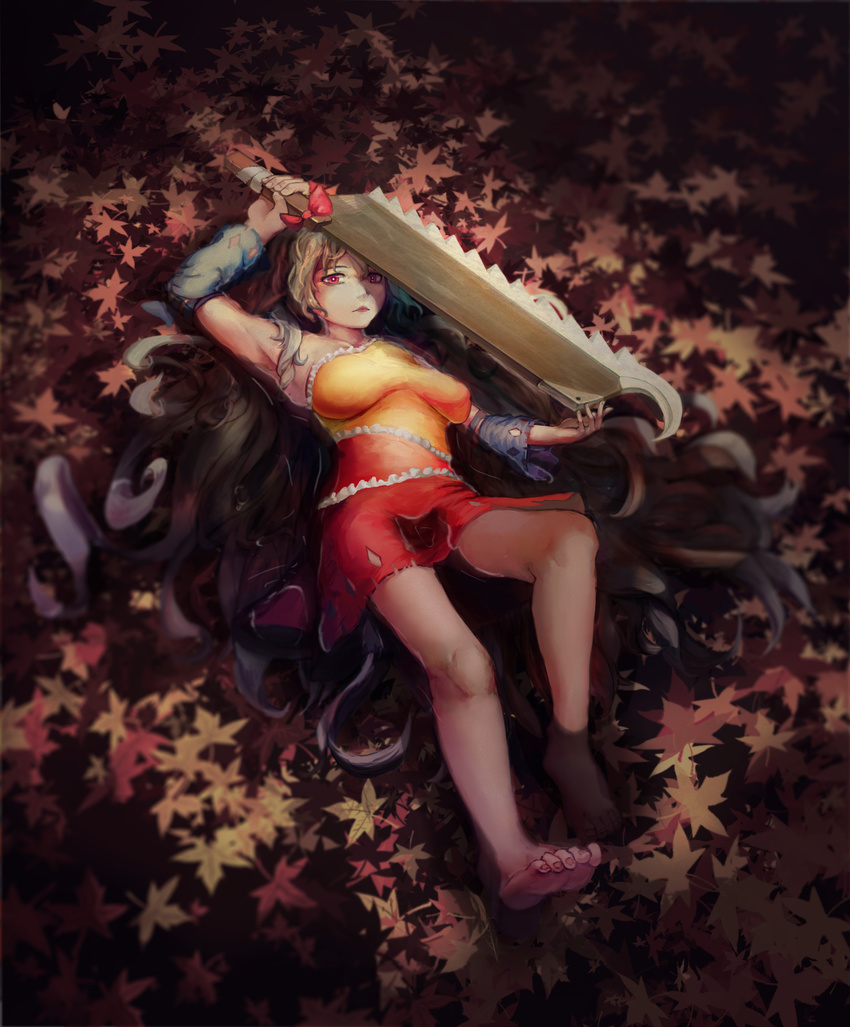 absurdres arm_above_head arm_warmers armpits autumn_leaves bare_legs barefoot breasts breasts_apart closed_mouth day dress expressionless fingernails full_body grey_hair hatchet heiyao highres large_breasts layered_dress leaf lips long_hair looking_at_viewer lying maple_leaf on_back on_ground oriental_hatchet outdoors partially_submerged red_eyes sagging_breasts sakata_nemuno solo toenails touhou very_long_hair water